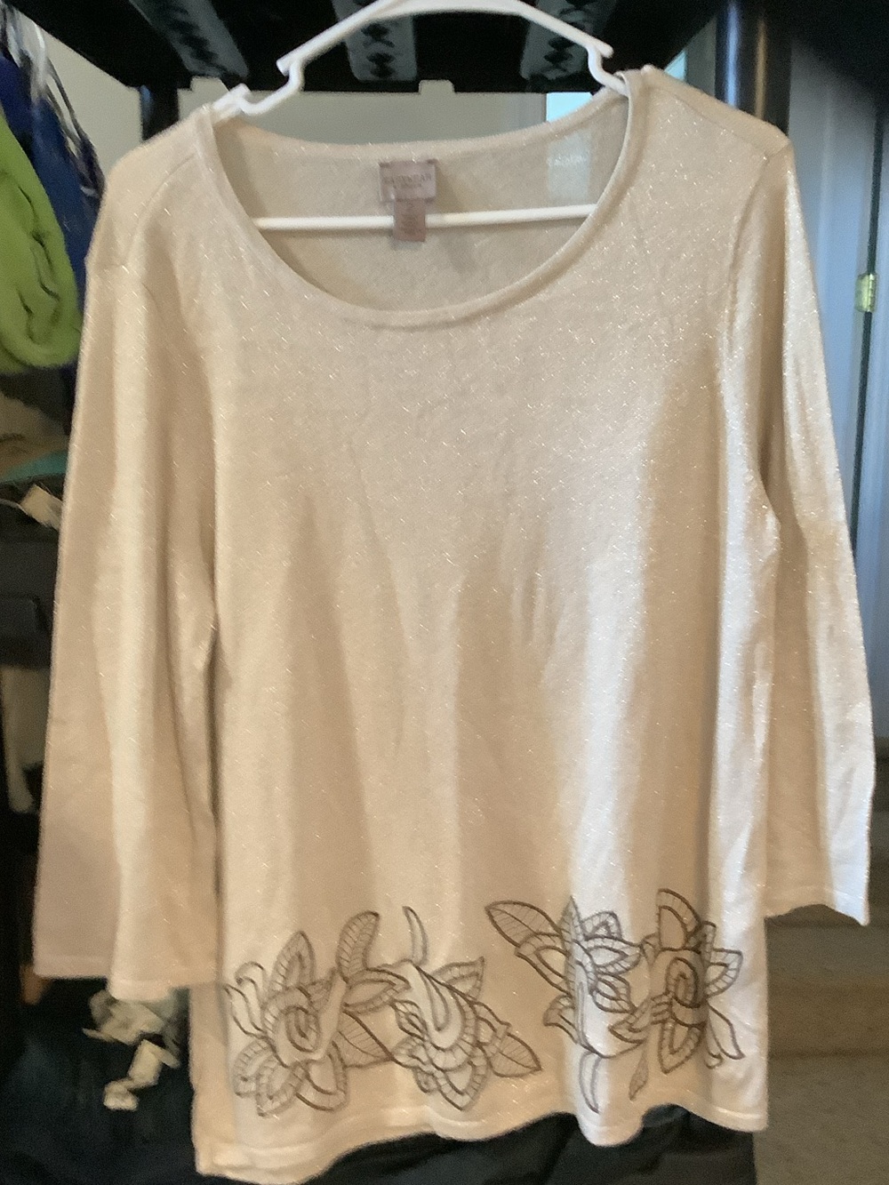Chico's metallic Cream Long-Sleeve Embellished Floral hem Top
